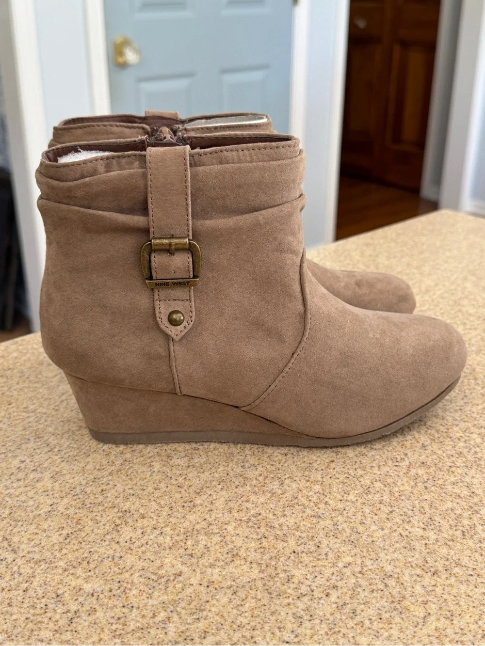 Nine West Girls Suede Wedge Ankle Booties Youth 4 Tan Brown Katyah New